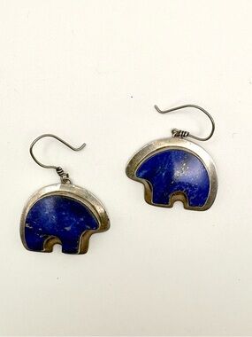 Vintage Sterling Silver Blue Lapis Lazuli Zuni Bear Drop Earrings